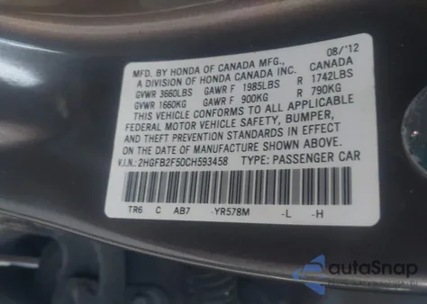 2012 Honda Civic Lx из США, поврежденный, VIN 2HGFB2F50CH593458